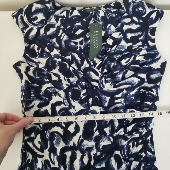 NWT Lauren Ralph Lauren Navy Print Stretch Sheath Dress Side Ruched Cap Sleeve 8 - Picture 11 of 15